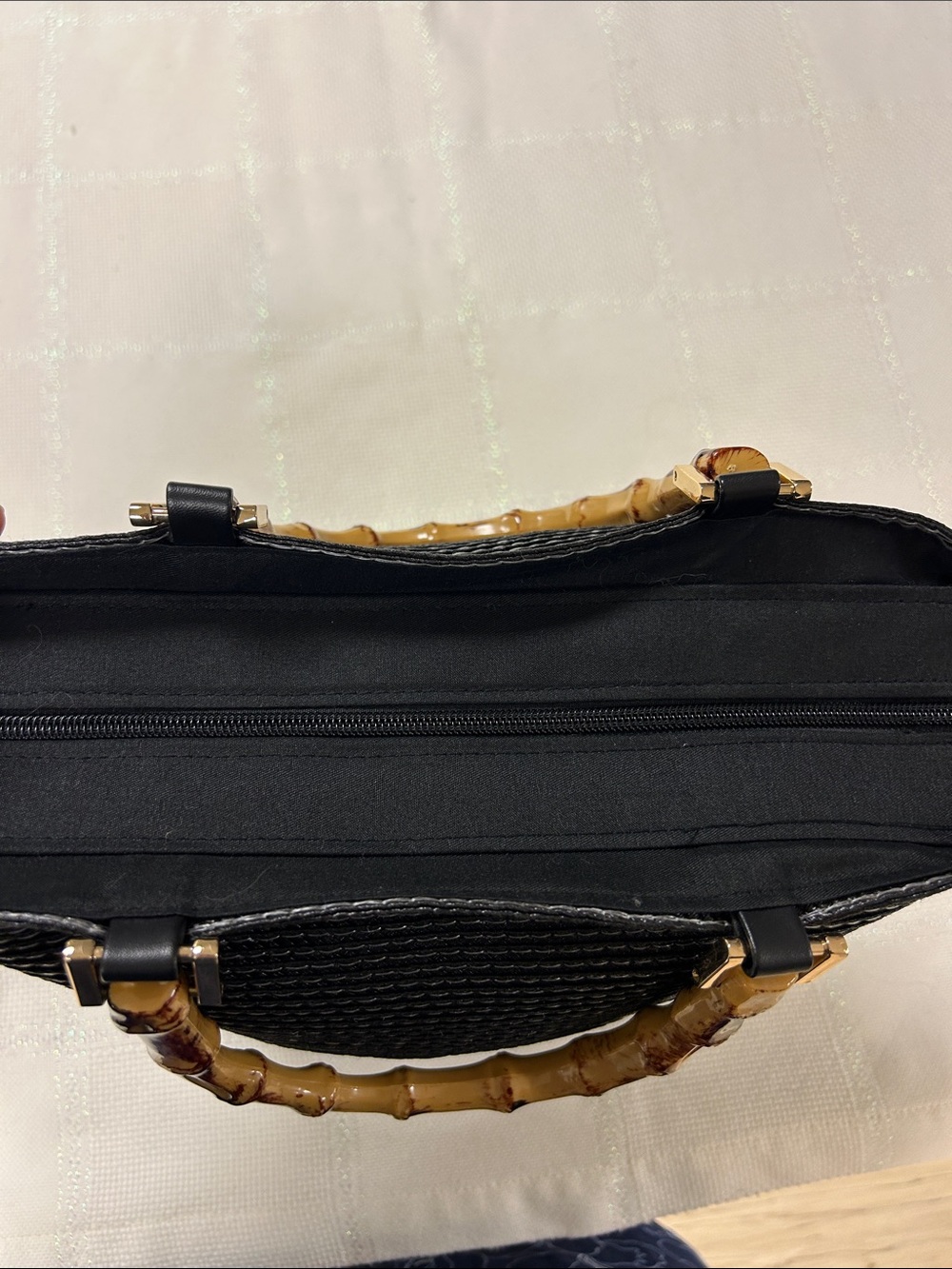 Black Straw Tote with Tortoise-Style Bamboo Handle image 8